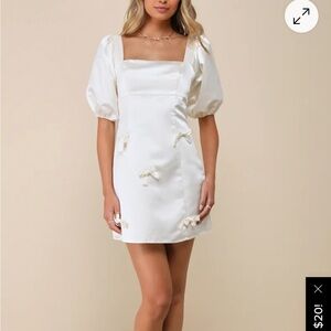 NWT Lulu's Ivory Satin Mini Dress with Puff Sleeves & Bows
